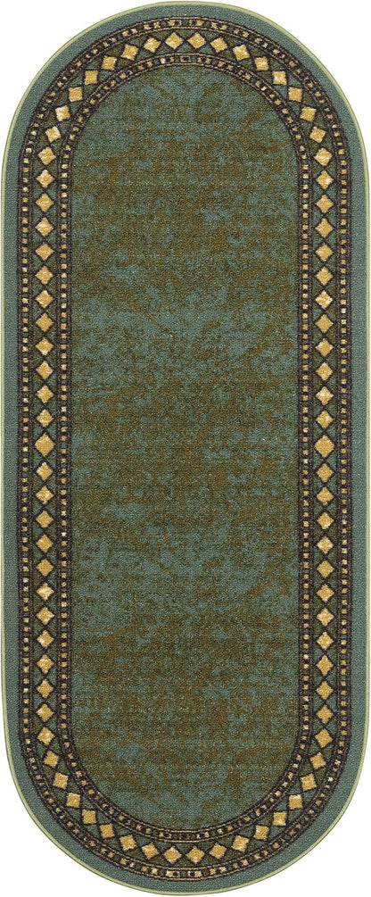 Antep Rugs Alfombras Modern Bordered 2x5 Non-Skid (Non-Slip) Low Profile Pile Rubber Backing Kitchen Area Rugs (Green, 2' x 5' Oval)