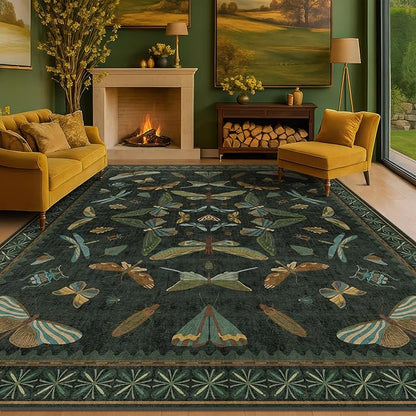 Dark Green Insect Area Rugs 8x10 for Living Room, Dining Room Under Table, Bedroom, Unique Washable Floral Non Slip Low Pile Soft Rug