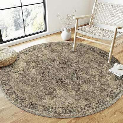 3x3 Washable Brown Round Rug Vintage Entryway Kitchen Cirlce Rug Non-Slip Soft Low Pile Distressed Indoor Carpet for Entrance Bathroom Dining Room