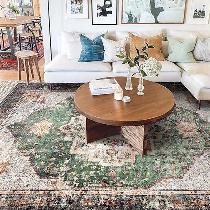 Area Rug 5x7 for Living Room Green Boho Non-Slip Washable Rug Vintage Low Pile Large Rug for Bedroom Dining Room