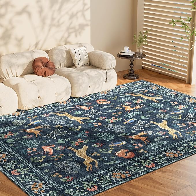 DUKINO 8x10 Rug, Washable Animal Living Room Rug with Non Slip Vintage Design, Soft Low Pile Large Carpet for Bedroom, Nursery, Dining Room, Farmhouse, Playroom, Navy Blue