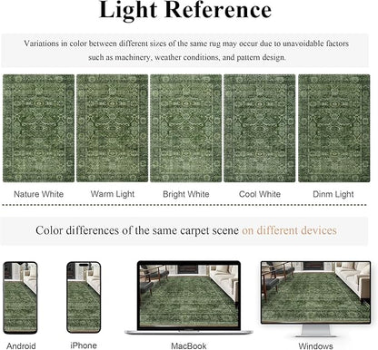 5x7 Green Washable Rug for Living Room Large Vintage Distressed Bedroom Rug Low Pile Non-Slip Soft Boho Carpets for Bedroom Dining Room Home Office Indoor Nursery