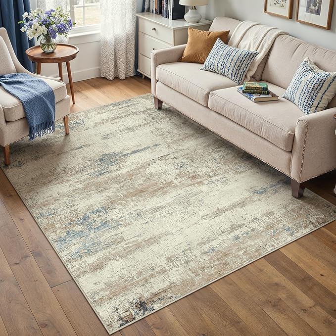 3x5 Area Rug Washable Beige Brown Abstract Office Carpet Modern Neutral Non Slip Soft Low Pile Indoor Entry Contemporary Aesthetic Door Mat Bedroom Throw Rug for Kitchen Laundry Dining Room