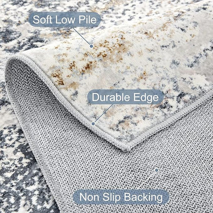 Square Area Rug Living Room Rugs - 5x5 Washable Large Soft Indoor Neutral Modern Abstract Low Pile Rug Carpet for Bedroom Dining Room Farmhouse Home Office - Beige Blue