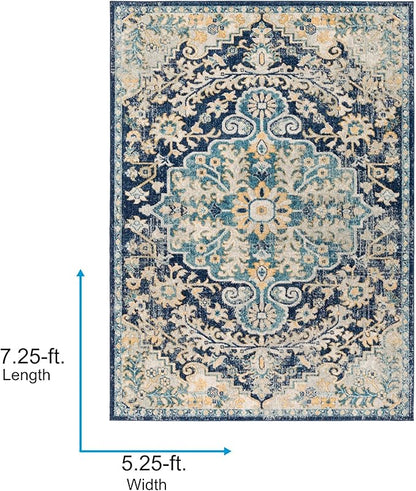 Livabliss Area Rugs - 5x7 Odelia Vintage Boho Blue Aqua Slate Area Rug for Living Room Bedroom - Floral Medallion Stain Resistant Carpet for Kitchen, Nursery, Office (5'3" x 7'3")