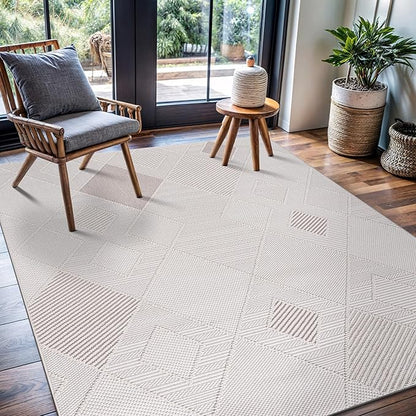 CAMILSON Micro Loop Rug 5x7 Modern Luxury Geometric Diamond Trellis Area Rugs Soft High and Low Pile Stain Resistant Easy-Cleaning Non-Shedding for Living Room Office Indoor Carpet (5 x 7 White-Beige)