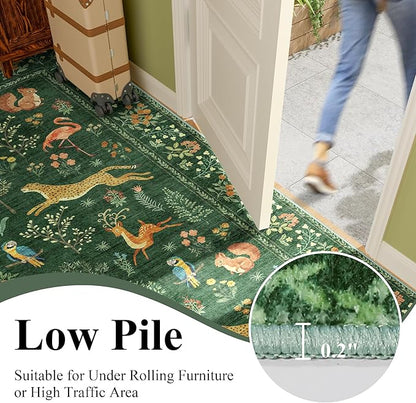 DUKINO 8x10 Rug, Washable Animal Living Room Rug with Non Slip Vintage Design, Soft Low Pile Large Carpet for Bedroom, Nursery, Dining Room, Farmhouse, Playroom, Green