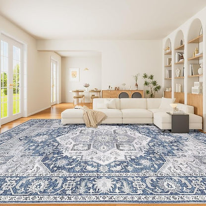DUKINO 8x10 Rugs for Living Room, Vintage Non-Slip Washable Area Rugs, Faux Wool Bedroom Rug with Non-Shedding, Indoor Low-Pile Boho Rugs for Dining Room, Farmhouse, Blue