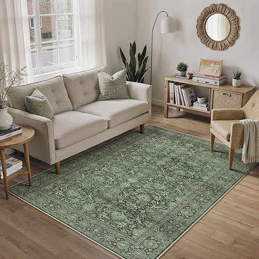 Green Area Rug 4x6 Washable Office Entryway Carpet Soft Vintage Indoor Kitchen Living Room Door Mat Traditional Retro Distressed Thicker Throw Small Rug Bedroom Dining Room Bathroom