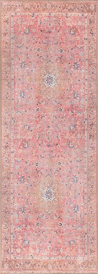 GLN Rugs Traditional Collection - Machine Washable Area Rug, Traditional Washable, Non Slip, Low Pile Chenille Rug, Living Room, Bedroom, Kitchen Rug (2'6" x 7' Pink/Cream)