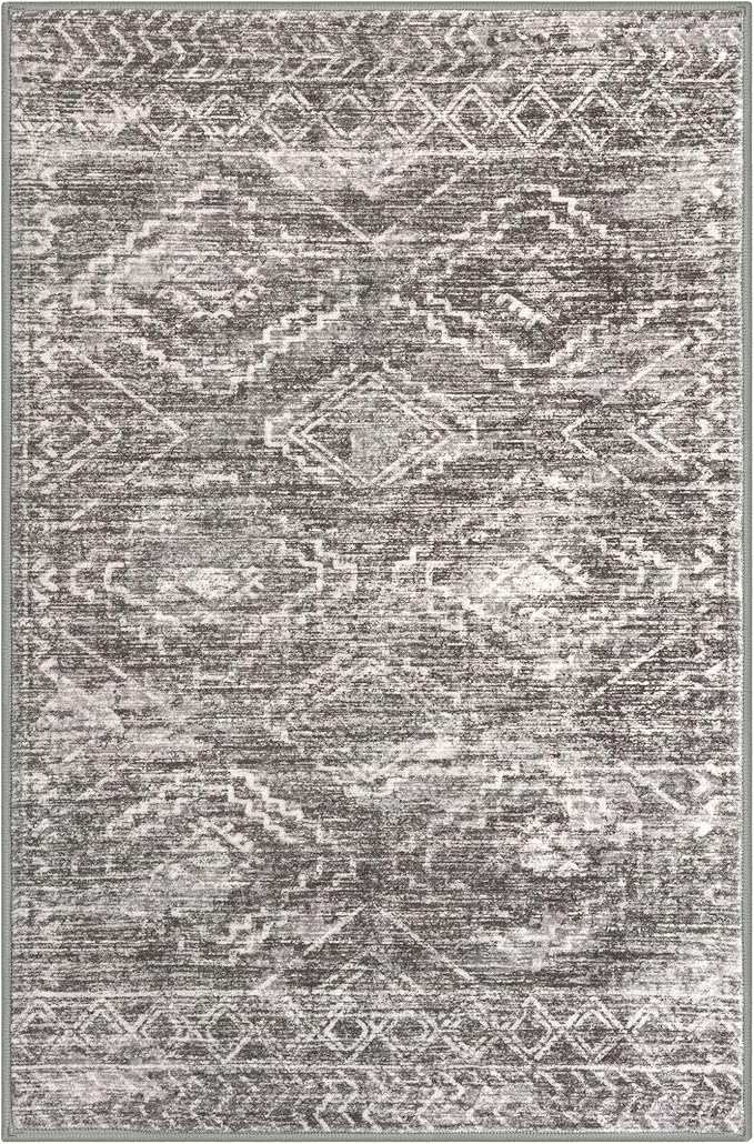 KILOCOCO Boho Entryway Rug 3x5 Area Rug Washable Non Slip Throw Rugs Soft for Kitchen Living Room Dining Bedroom Geometric Moroccan Carpet, Taupe