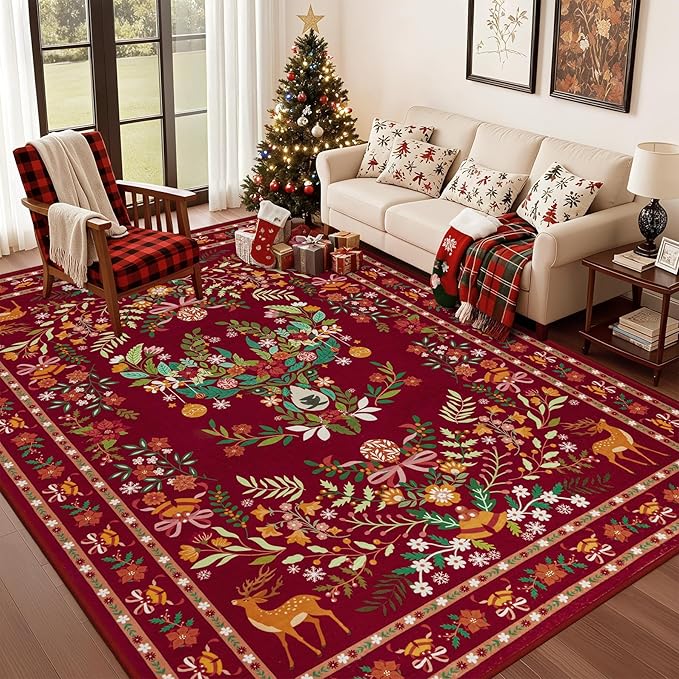 6x9 Area Rugs Living Room Rug: Christmas Washable Rug Floral Soft Carpet Indoor Floor Non-Slip Boho Stain Resistant Large Carpets for Bedroom Kids Nursery Dining Room Farmhouse Home Office Red