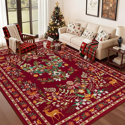 6x9 Area Rugs Living Room Rug: Christmas Washable Rug Floral Soft Carpet Indoor Floor Non-Slip Boho Stain Resistant Large Carpets for Bedroom Kids Nursery Dining Room Farmhouse Home Office Red