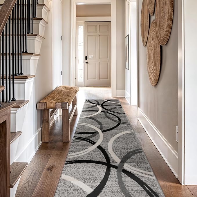 Rugshop Wavy Circles Design Runner Rug, Non-Shedding Carpet for Hallway, Kitchen, or Entryway, Gray, 2'7" x 8'