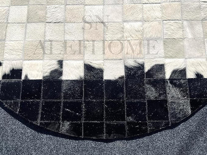 Round Geometric Patchwork Cowhide Leather Area Rug | Washable Non-Slip Carpet for Living Room, Bedroom & Home Décor(9x9 ft_White & Black)