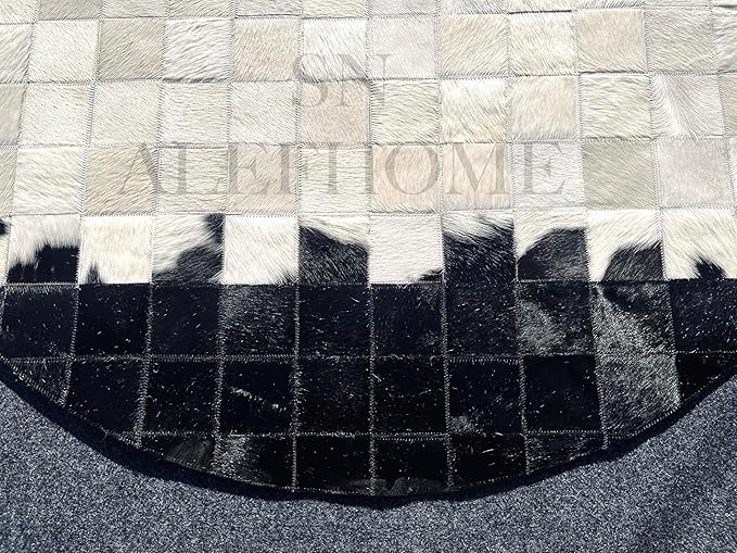 Round Geometric Patchwork Cowhide Leather Area Rug | Washable Non-Slip Carpet for Living Room, Bedroom & Home Décor(8x8 ft_White & Black)