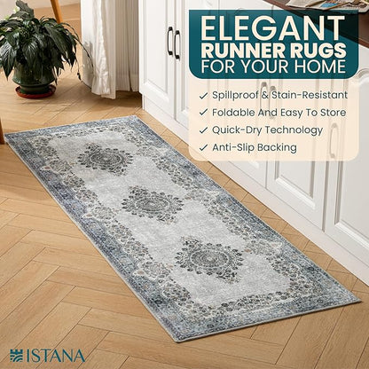 Istana Hallway Runner Rug 2x6 - Blue Kitchen Rugs Non Slip Washable -Silk's Soft Touch Carpet Runner - Stylish Rug for Home