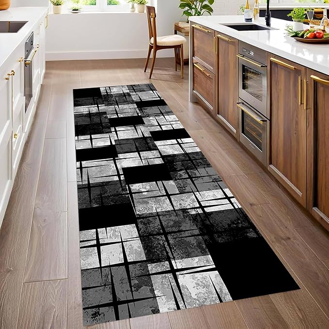 Distressed Checkered Runner Rugs, 4x10ft, Washable Runner Rug with Rubber Backing, Soft Vintage Geometric Black Grey Floor Carpet for Front Door Home Office