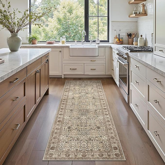 Bavni2'6''x6 Rug Runners for Hallways, Washable Runner Rug Non Slip,Vintage Floral Print Style Rugs for Bedroom-Lightweight Low Pile Carpet for Hallways Bathroom, Dark Espresso