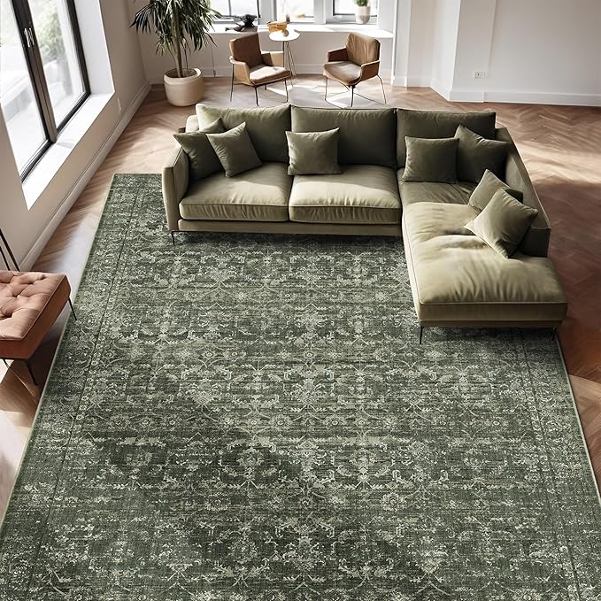 10x14 Washable Area Rugs for Living Room, Green Vintage Boho Large Rug for Bedroom Dining Room Office, Distressed Floral Floor Carpet Soft Non Slip Low Pile Farmhouse Indoor Mat