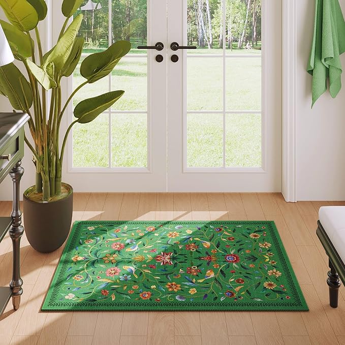 Vintage Medallion Floral Indoor Door Mat 2x3, Machine Washable Entryway Rug, Low Pile Soft Small Carpet, Non-Slip Area Rug for Entrance, Bedroom, Kitchen & Kids Room | Green