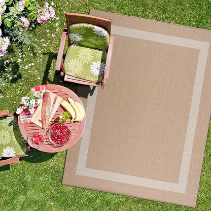 CAMILSON Outdoor Rug 5x7, Modern Outside Rugs for Patios Porches Waterproof Durable Washable Non-Shedding, Easy-to-Clean Indoor Outdoor Area Carpet (5 x 7, Bordered - Beige/White)
