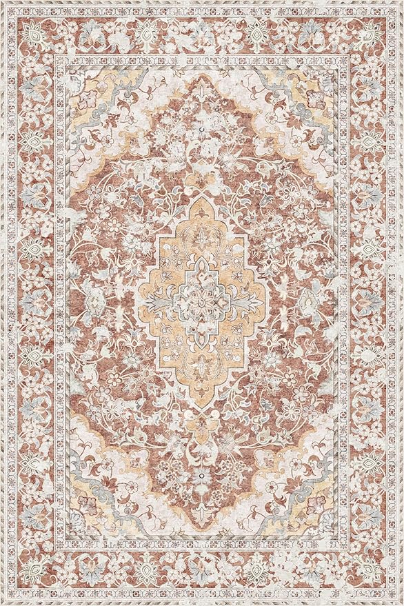 Washable Area Rug 6x9 | Non Slip Area Rug for Living Room, Bedrooms, Dining Room | Ultra-Soft Flannel Carpet Area with Rubber Backing (Brick Red, 6x9)