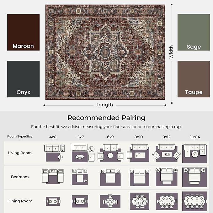 Kokia 8x10 Maroon Area Rugs with Vintage Orient Design, Soft Washable Rug for Living Room or Bedroom, Non-Slip Low Pile Stain Resistance Features, Medallion Pattern