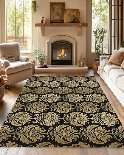 Black Damask Flower Golden Carpet for Living Room, 5x7 Non-Slip Washable Low Pile Abstract Design Rug, Space Saving Area Rug for Bedroom, Dining Room