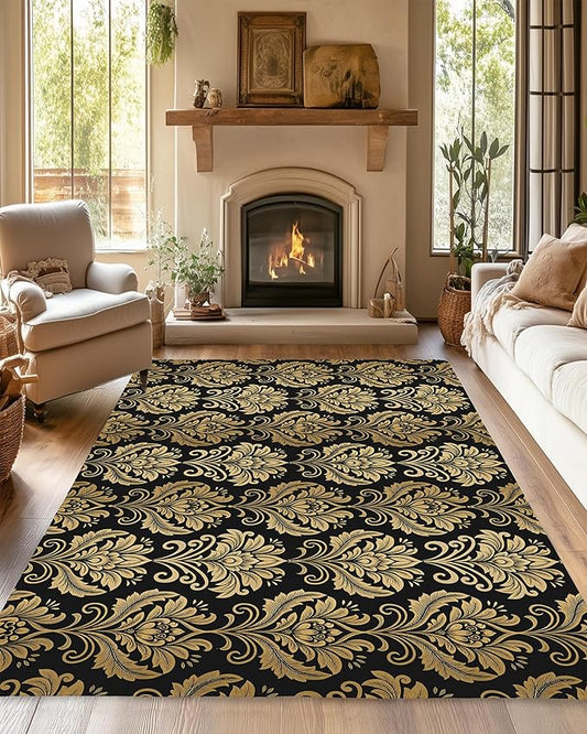 Black Damask Flower Golden Carpet for Living Room, 5x7 Non-Slip Washable Low Pile Abstract Design Rug, Space Saving Area Rug for Bedroom, Dining Room