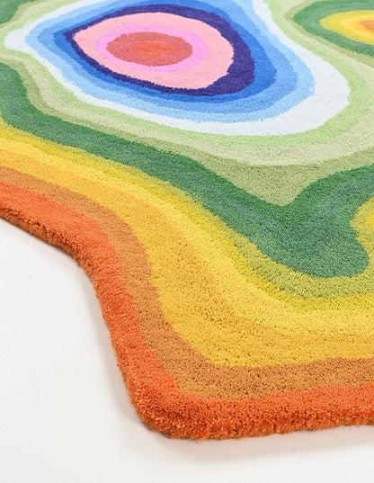 Irregular Shaped Handmade Wool Area Rug | Modern Colourful Stripe Premium Carpet | Perfect for Living Room, Bedroom, Dining Room & Home Decor (Rainbow, 9x9 ft)