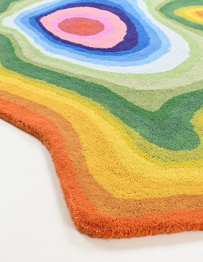 Irregular Shaped Handmade Wool Area Rug | Modern Colourful Stripe Premium Carpet | Perfect for Living Room, Bedroom, Dining Room & Home Decor (Rainbow, 10x10 ft)
