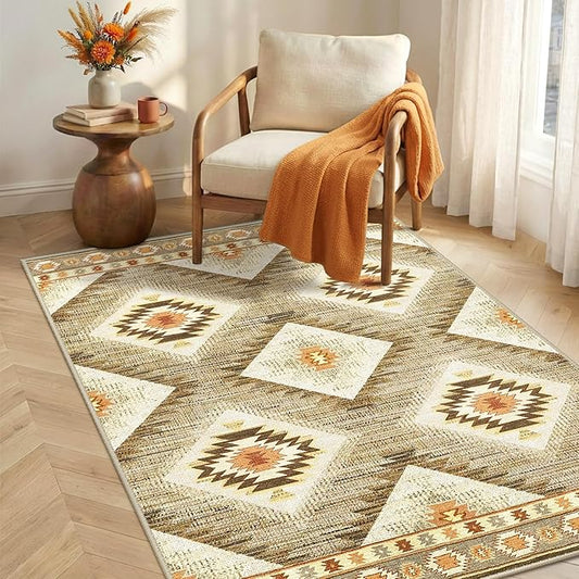 Area Rug 3x4 Rug Machine Washable Non-Slip Low Pile Print Pattern Western Rug for Living Room Bedroom Entryway Tribal Series-Cream/Camel