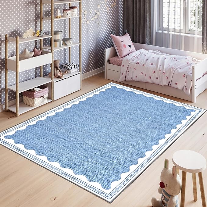 Scalloped Rug 3x5 Rugs Washable Non-Slip Low-Pile for Entryway Solid Blue Rug for Dining Room,Ultra Soft Modern Contemporary Aesthetic Carpet for Bathroom Living Room Dining Table