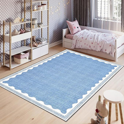Scalloped Rug 3x5 Rugs Washable Non-Slip Low-Pile for Entryway Solid Blue Rug for Dining Room,Ultra Soft Modern Contemporary Aesthetic Carpet for Bathroom Living Room Dining Table