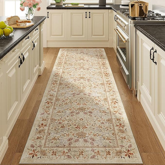 DOKINO 2x10 Runner Rug for Hallway, Vintage Washable Long Kitchen Rug with Low Pile Design, Floral Non Slip Soft Carpet Runner for Hallway, Kitchen, Bathroom, Bedroom, Beige