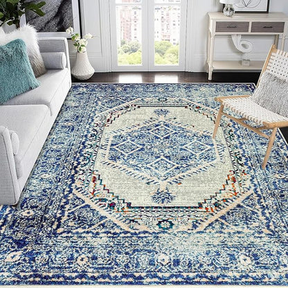 Easy-Going Area Rug 5x7 Washable Boho Rugs for Living Room Non-Slip Bedroom Rug Low Pile Lightweight Medallion Distressed Throw Rug for Dining Room Kitchen Home Office Carpet, Vintage Blue Cream