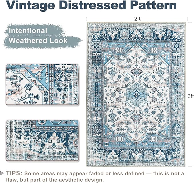 XWZO Entryway Area Rug 2x3ft — Soft Vintage Low Pile Door Floor Mat with Non Slip Backing for Bedroom Bathroom Kitchen Laundry, Spill Resistant Washable Small Indoor Carpet for Doorway Entrance, Blue