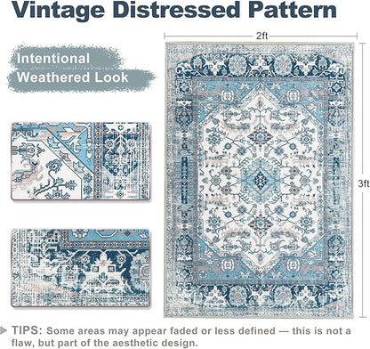 XWZO Entryway Area Rug 2x3ft — Soft Vintage Low Pile Door Floor Mat with Non Slip Backing for Bedroom Bathroom Kitchen Laundry, Spill Resistant Washable Small Indoor Carpet for Doorway Entrance, Blue