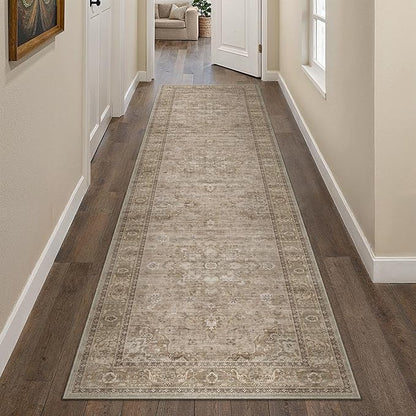 HUGEAR Washable Hallway 2x8 Runner Rugs Retro Brown Vintage Distressed Non Slip Stain Resistant Low Pile Neutral Throw Carpet for Bedside Kitchen Entryway Home Decor
