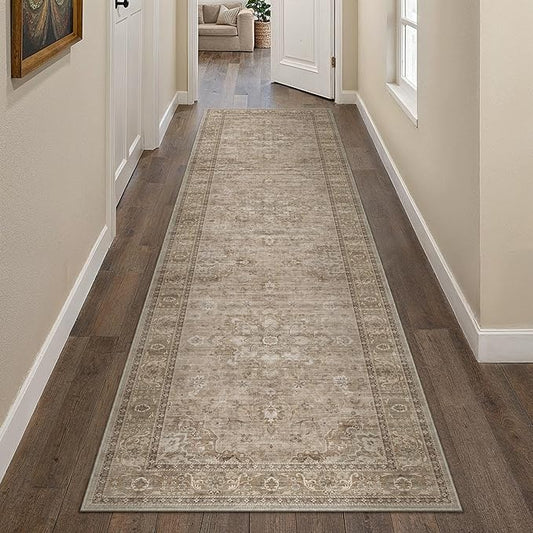 HUGEAR Washable Hallway 2x8 Runner Rugs Retro Brown Vintage Distressed Non Slip Stain Resistant Low Pile Neutral Throw Carpet for Bedside Kitchen Entryway Home Decor