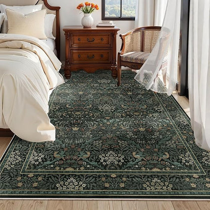 5x7 Floral Washable Area Rug for Living Room, Vintage Boho Large Rug for Bedroom Dining Room， Distressed Botanical Birds Non Slip Low Pile Forest Animal Throw Carpet for Farmhouse Office, Dark Green