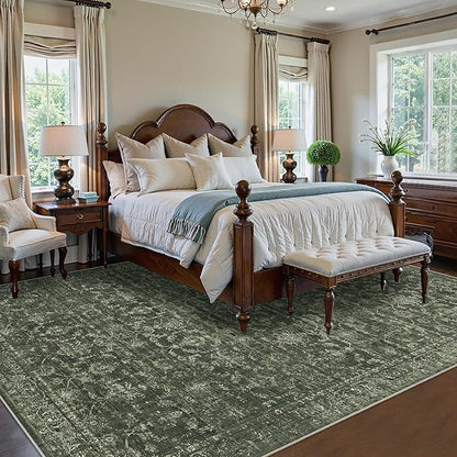 Washable Area Rug 8x10 Green Rugs for Living Room, Vintage Boho Large Rug for Bedroom Dining Room Office, Distressed Floral Print Carpet for Under Table, Soft Non Slip Low Pile Throw Carpet Indoor Mat