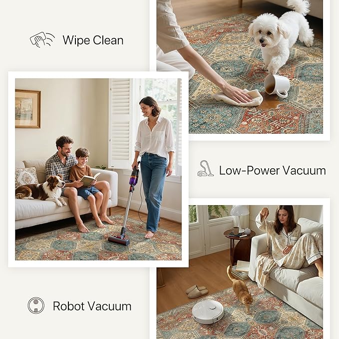 Bavni 8x10 Area Rugs for Living Room, Machine Washable Rug Non Slip, Vintage Chenille Distressed Print Carpet, Large Low Pile Ultra-Thin Lightweight Rugs for Bedroom, Dining Room, Office, Blue/Tan/Red