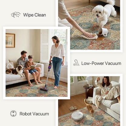 Bavni 8x10 Area Rugs for Living Room, Machine Washable Rug Non Slip, Vintage Chenille Distressed Print Carpet, Large Low Pile Ultra-Thin Lightweight Rugs for Bedroom, Dining Room, Office, Blue/Tan/Red
