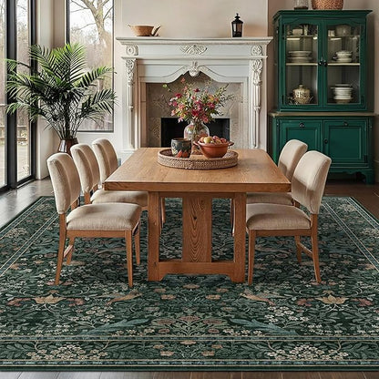 8x10 Floral Washable Area Rug for Living Room, Vintage Boho Large Rugs for Bedroom Dining Room, Botanical Birds Non Slip Low Pile Forest Throw Carpet for Farmhouse Office, Retro Green/Blue