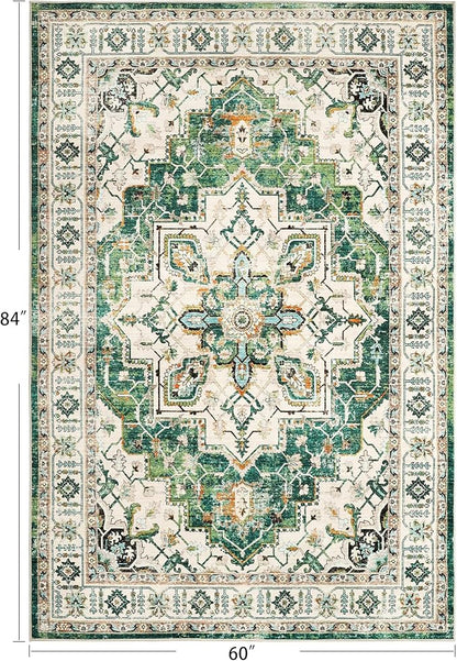 zesthome WashableRug 5x7 Area Rugs,Stain Resistant Rugs for Living Room,Bedroom,Non-Slip Backing Home Decor Rug, Vintage Medallion Pattern Rugs (Green,5'x7')