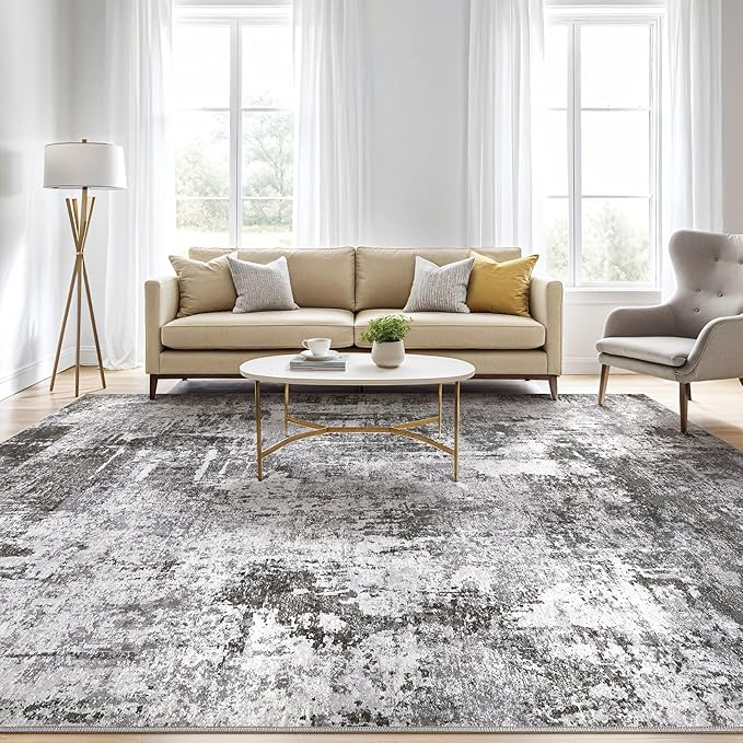 6x9 Area Rugs Living Room: Large Washable Abstract Modern Soft Rug Stain Resistant Indoor Floor Non Slip Accent Carpet for Bedroom Nursery Playroom Dining Room Office Dorm Home Decor- Black Grey