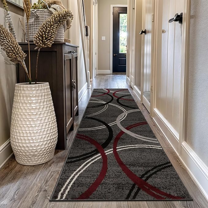 Rugshop Modern Wavy Circles Design Non-Shedding Runner Rug, Carpet for Hallway, Entryway, or Kitchen, Red, 2'7" x 10'