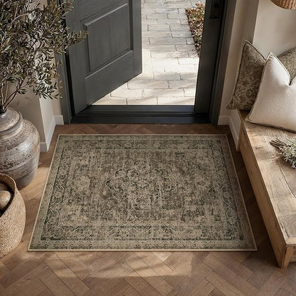 Entryway Area Rug 2x3 Brown Vintage Distressed Indoor Carpet Oriental Soft Thin Small Door Mat Non Slip Low Pile Throw Rug for Entrance Bathroom Bedroom Kitchen Laundry